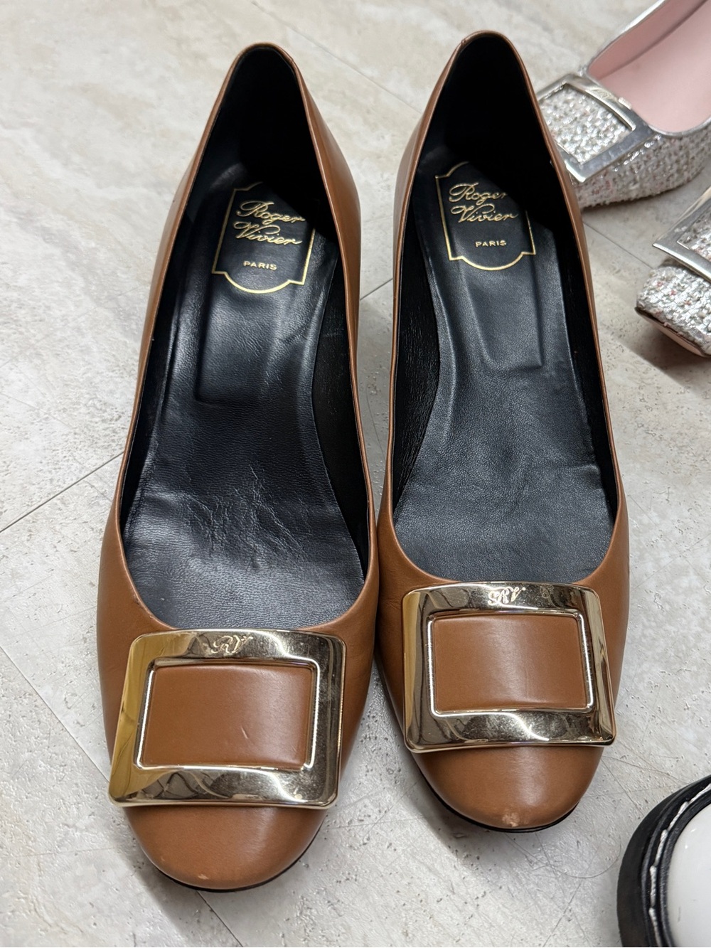 Roger Vivier Tan Leather Pumps with Gold Buckle